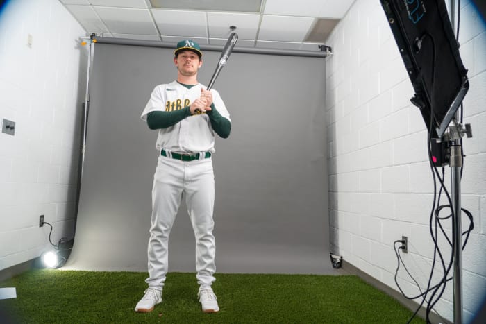 Oakland Athletics outfielder Trenton Brooks poses during photo day in Mesa, Arizona. (2023)